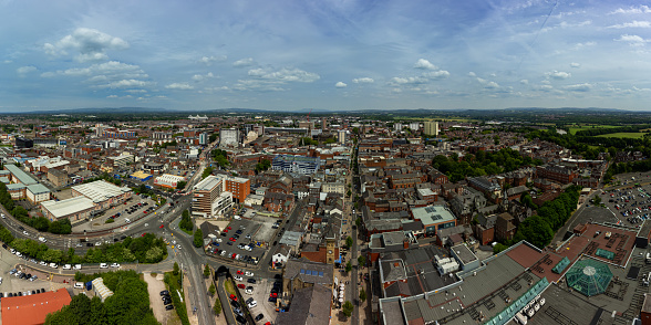 Aerial view along the main shopping high street Fishergate in Preston Lancashire England