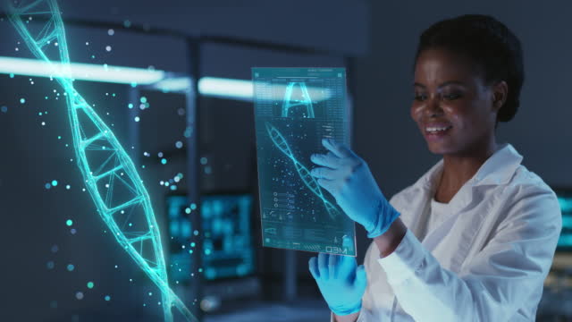 A beautiful smiling African-American scientist in a modern lab, working with a HUD screen