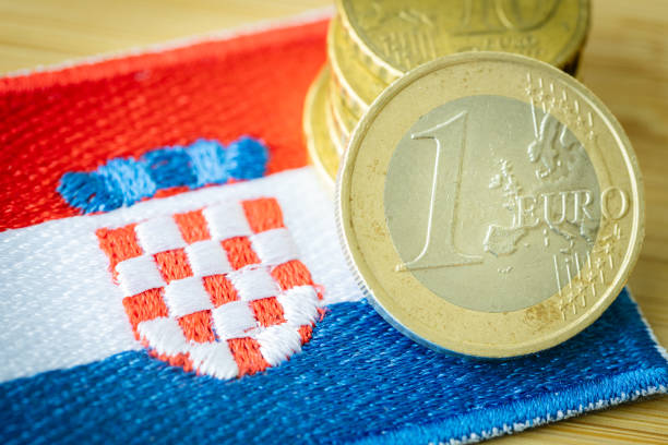 croatian flag next to the single currency of the european union, concept of croatia joining the euro area - european union euro note european union currency paper currency currency imagens e fotografias de stock
