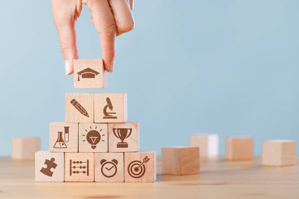 istock Female hand arranging wood block stacking with elements education icons 1405051478