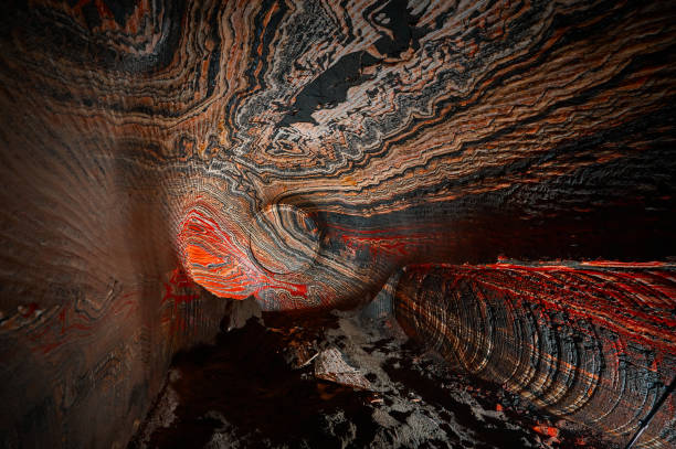 Amazing colorful patterns on walls of sylvinite salt quarry. Natural material mining industry. Mineral ore digging for agriculture process