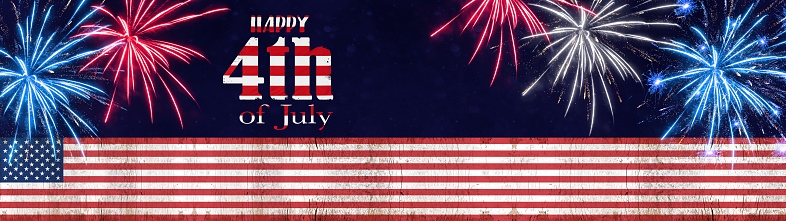 Happy 4th of July - Independence Day USA background banner panorama template greeting card - American flag and sparkling blue white red firework