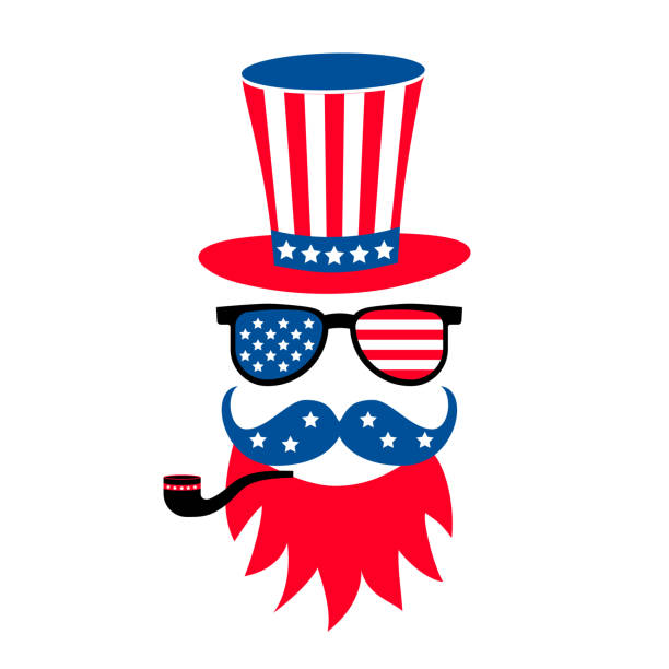 istock American patriotic hipster icon with Uncle Sam hat, mustache, red beard, and pipe. United States of America Independence day design. Vector template for 4th of July greeting, card banner, poster, etc 1405054431