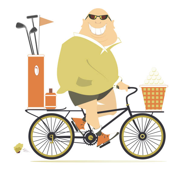 ilustrações de stock, clip art, desenhos animados e ícones de cartoon man on the bike goes to play golf illustration - golf child sport humor