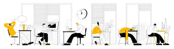 Vector illustration of The characters are sitting at desks in an office among flowers and working at computers.