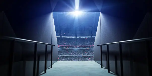 The enterance for players in the stadium . An imaginary stadium was modelled and rendered.