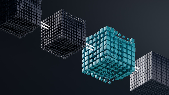 Ilustración 3D de la empresa blockchain abstracta sobre fondo azul. photo