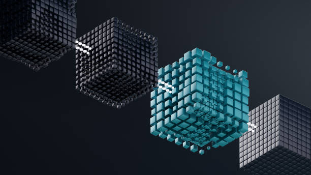 파란색 배경에 추상적 인 블록 체인 회사의 3d 그림. - 블록체인 뉴스 사진 이미지