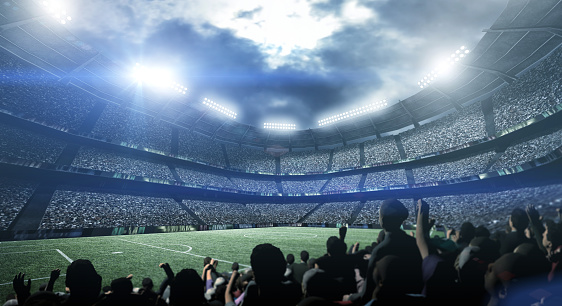 Fans in an imaginary stadium. An imaginary stadium was modelled and rendered.