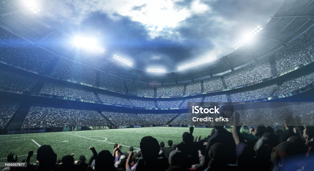 Silhouette of people in the stadium at night. Fans in an imaginary stadium. An imaginary stadium was modelled and rendered. Soccer Stock Photo