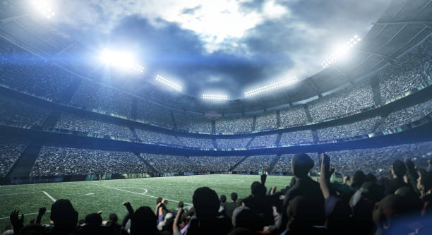 Silhouette of people in the stadium at night. Fans in an imaginary stadium. An imaginary stadium was modelled and rendered. spectator stock pictures, royalty-free photos & images