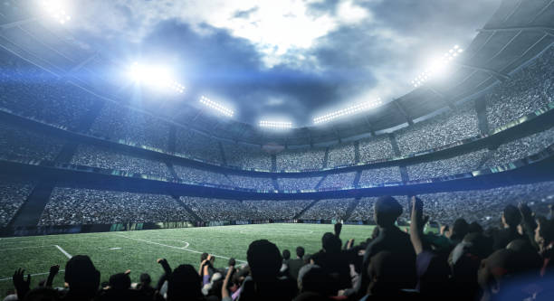 Silhouette of people in the stadium at night. Fans in an imaginary stadium. An imaginary stadium was modelled and rendered. football fans stock pictures, royalty-free photos & images