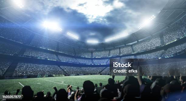 Silhouette Of People In The Stadium At Night Stock Photo - Download Image Now - Soccer, Stadium, Fan - Enthusiast