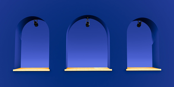3D render of blue Arch door background, Product display, Empty space, A minimalistic room with an arched arch.