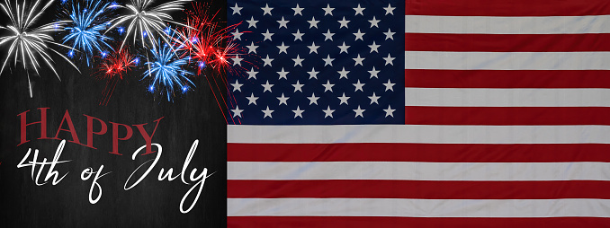 Happy 4th of July - Independence Day USA background banner panorama template greeting card -  Waving American flag and blue white red firework, on black concrete wall