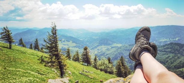 wonderful view from belchen hill mountain, surrounded by green fresh meadow and forest trees - landscape southern black forest aitern germany background panorama - hiking, young woman is sitting on a rock and wearing walking boots - black forest forest sky blue imagens e fotografias de stock