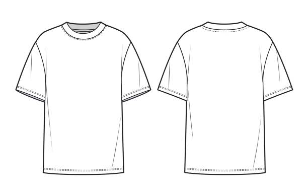 illustrations, cliparts, dessins animés et icônes de modèle de dessin tee-shirt plat de mode de tee-shirt overfit. t-shirt unisexe mode cad, vue de face, de dos, couleur blanche. - technique photographique