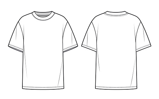 Overfit Tee shirt fashion flat tehnical drawing template. Unisex T-Shirt fashion CAD, front, back view, white color.