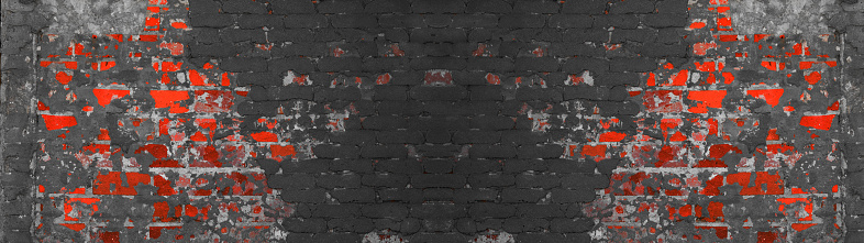 Black anthracite gray grey red damaged aged old weathered rustic brick wall brickwork stonework masonry texture background banner panorama
