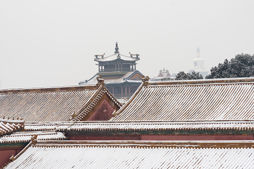 Entrance to the forbidden city in Beijing, China. Lot's of tourists meeting in front of the temple.