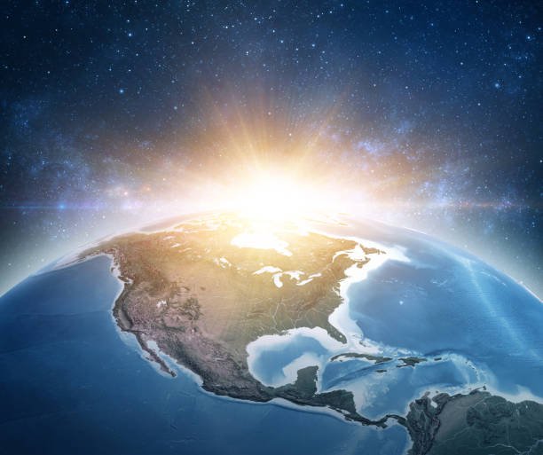 planeta tierra, américa del norte y explosión masiva en el espacio exterior - satellite view earth globe sunrise fotografías e imágenes de stock