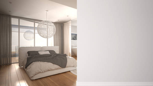 istock Modern minimalist bedroom with double bed and panoramic window on a foreground wall, interior design architecture idea, concept with copy space, blank background 1405066751