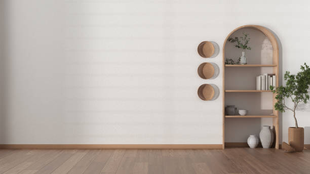 istock Interior design background concept idea in white tones. Empty living room with plaster wall, parquet and wooden arched bookshelf. Vases, books and decor, potted plant 1405066824