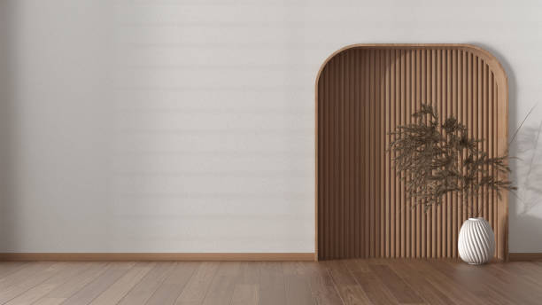 istock Interior design background concept idea in white tones. Empty living room with plaster wall, parquet and wooden arched niche, Vases with potted dry plants, ears, sheaf 1405066837