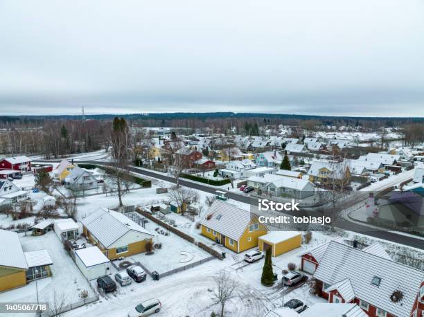 Residential Villa Area In The Winter Seen From Above Stock Photo - Download Image Now