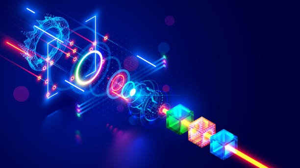 stockillustraties, clipart, cartoons en iconen met hadron collider tech illustration. science nuclear accelerator elementary particles. quantum scientific experiment collision atoms, electrons, protons, neutrons. physical research matter, antimatter. - deeltjesversneller