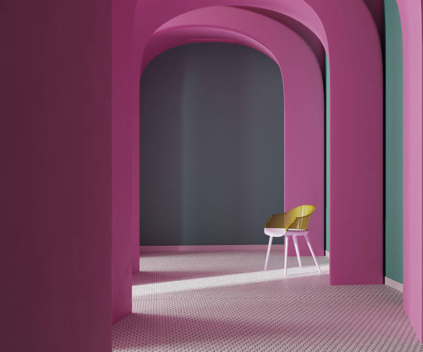 istock Purple arches with tiled mosaic floor and plastic chair, 3d rendering 1405075418