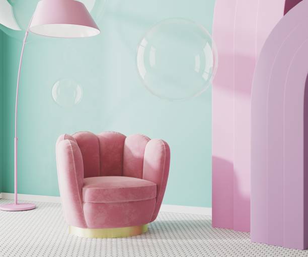 ピンクのアームチ��ェアとアーチ、緑の壁とシャボン玉、3dレンダリングを備えたコンセプトインテリア - vehicle interior green sofa indoors ストックフォトと画像