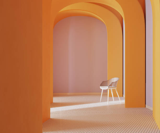 istock Orange arches corridor with sunlight and chair, 3d rendering 1405075430