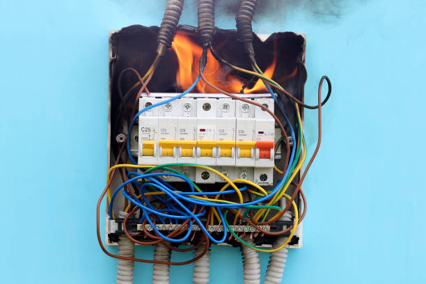 istock Electrical fire resulting from short circuit in faulty electrical wiring. 1405076439