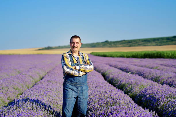 istock Farmer having fun in his lavender field 1405078769