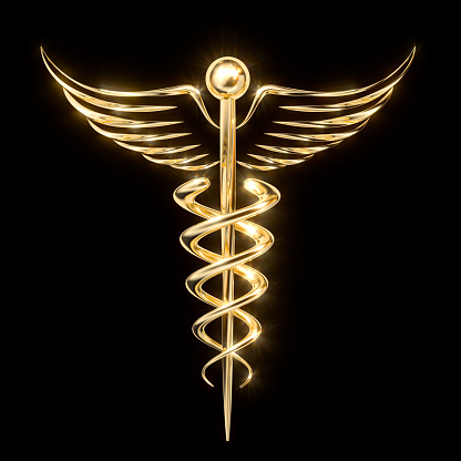 Gold caduceus symbol on black background.