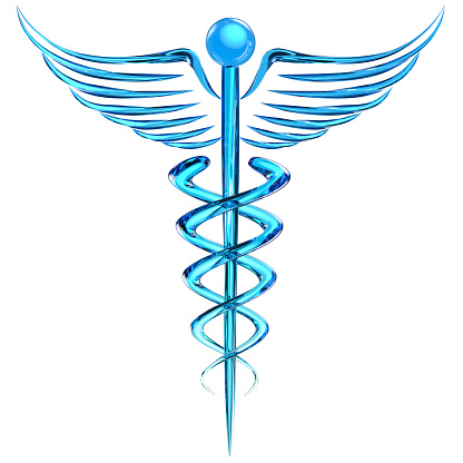 Blue transparent caduceus symbol on white background.