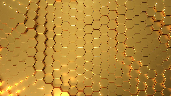 Golden Shiny Hexagon Background, 3D Render