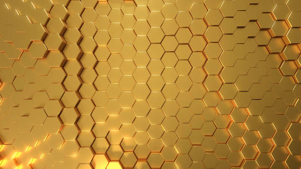 Golden Shiny Hexagon Background, 3D Render stock photo