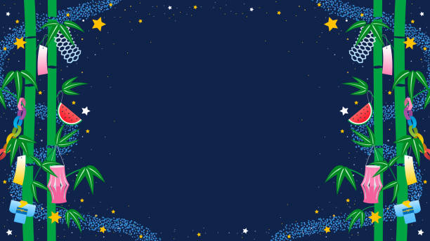 ilustrações, clipart, desenhos animados e ícones de festival de tanabata ilustração vetorial de fundo. bambu e decoração tanabata com espaço de cópia no céu noturno estrelado - lantern wishing sky night