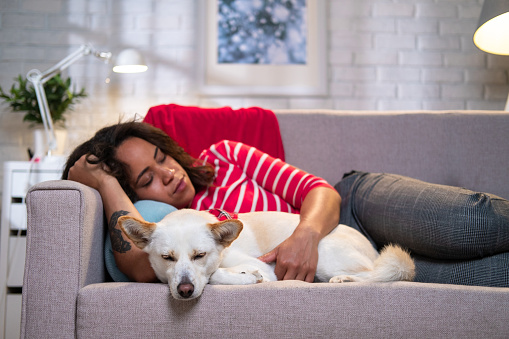 A woman in a reddish sweater sleeps on the couch with a dog.