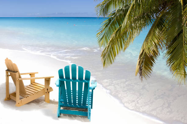 istock Two wooden beach chairs under palm branch on Caribbean coast 1405092310