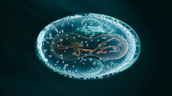 Viral Infection Monkeypox Virus - 3d rendered image. Abstract biomedical illustration. 
Antibody, Antigen, Vaccine technology concept.