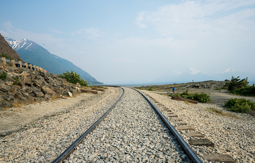 Railroad track with mountain range and fjord