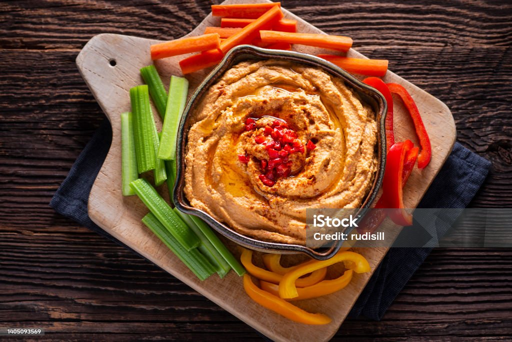Roasted Red Pepper Hummus Roasted Red Pepper Hummus with Fresh Vegetables Hummus - Food Stock Photo