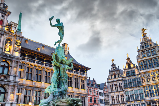 Cityscape - view of the Brabo fountain and the Stadhuis (building City Hall) at the Grote Markt (Main Square) of Antwerp, in Belgium