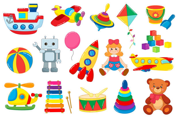 illustrazioni stock, clip art, cartoni animati e icone di tendenza di set di giocattoli per bambini in stile cartone animato. - bambola giocattolo