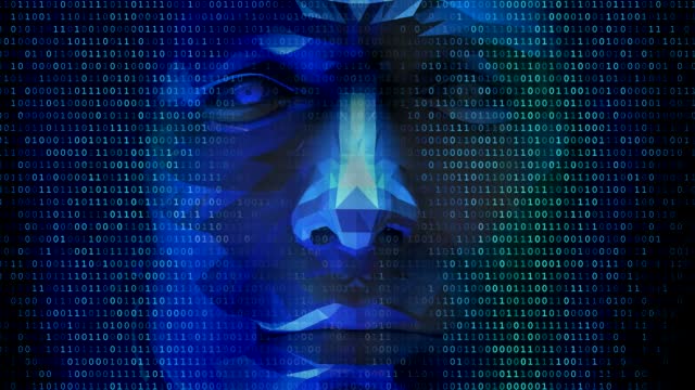 Robotic face peeking through an animated binary code screen.