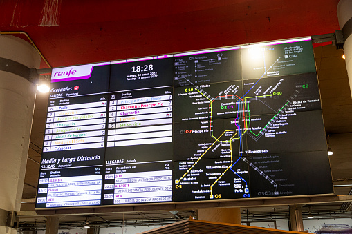 Madrid, Spain. Route map at the Puerta de Atocha railway station, largest station serving commuter, regional and intercity trains, and AVE high speed
