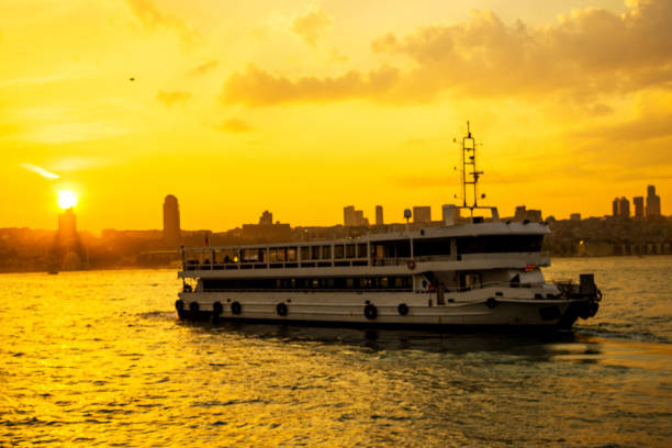 luxury Motor yacht on marina over sunset in the night